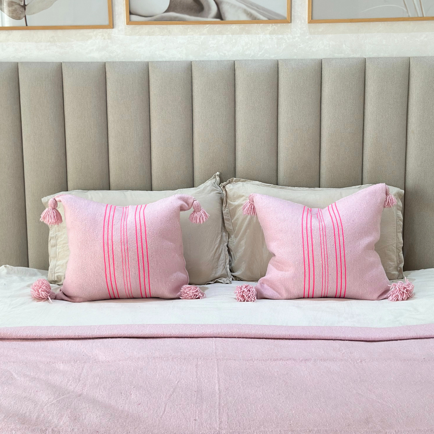 Pink Striped Pompom cushion cover