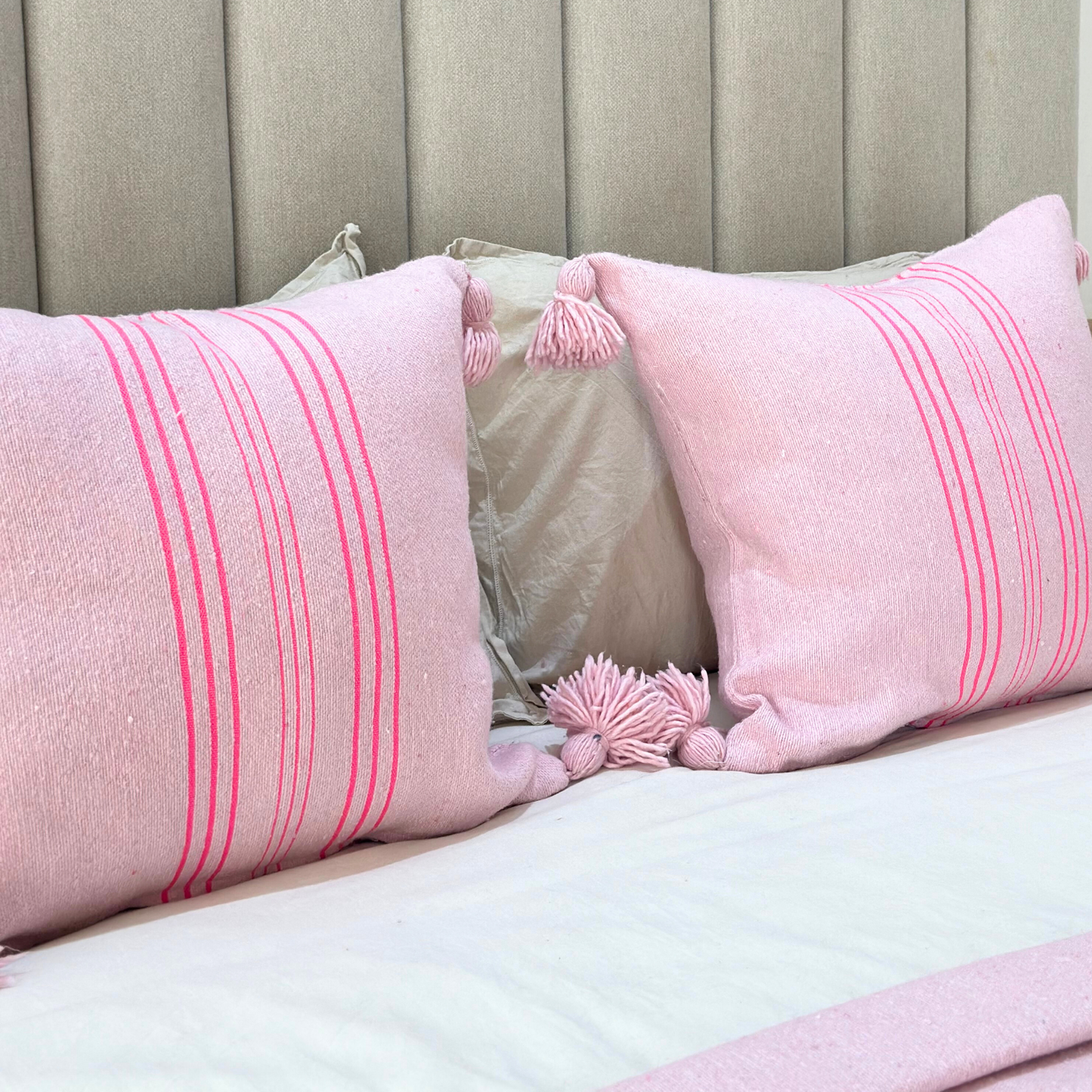 Pink Striped Pompom cushion cover