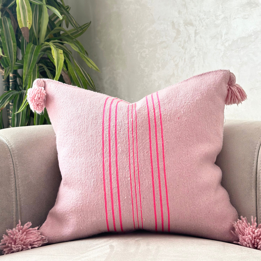 Pink Striped Pompom cushion cover