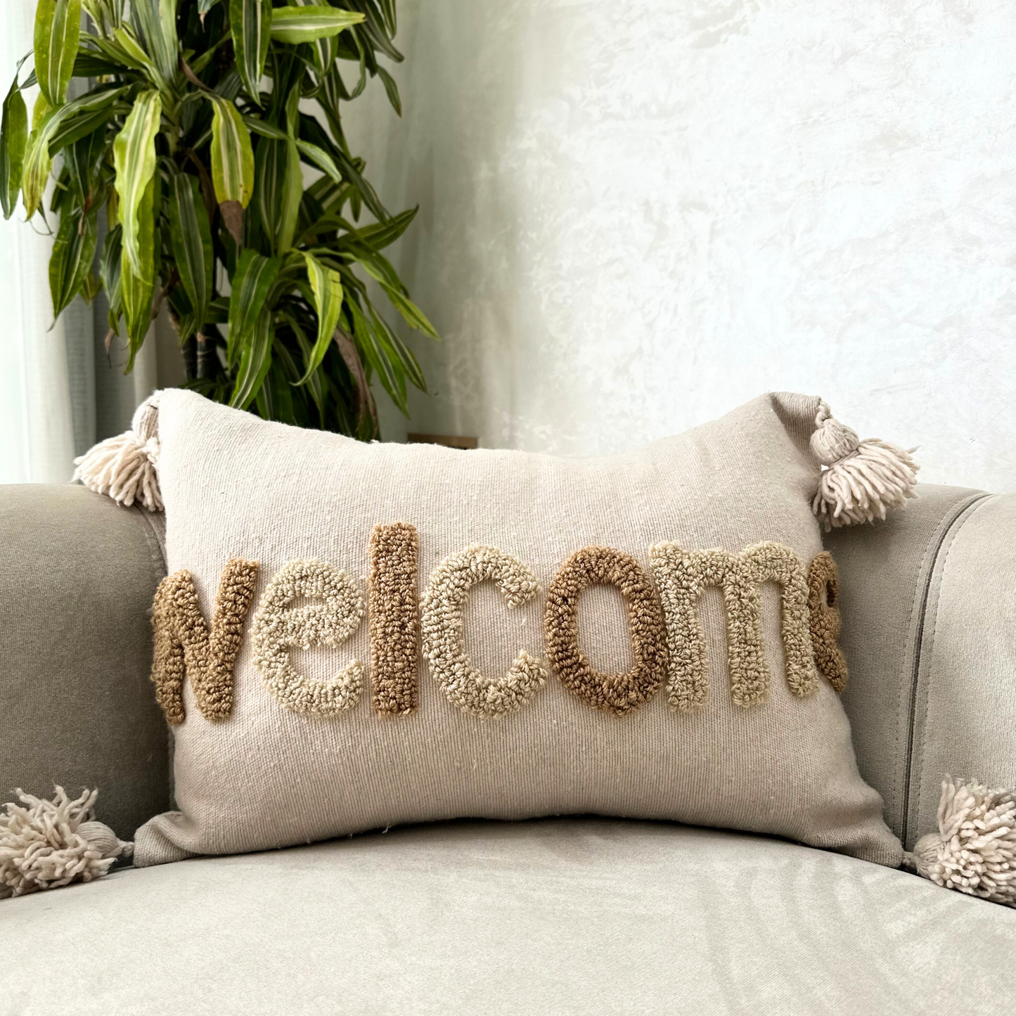 “Welcome” Cream Pom Pom cushion cover