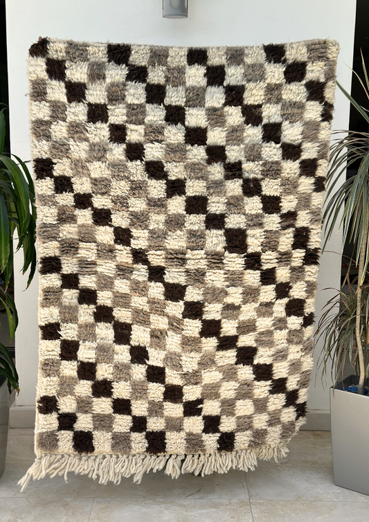 Beni Ouarain cream, taupe and brown checkerboard carpet - 150cm / 108cm