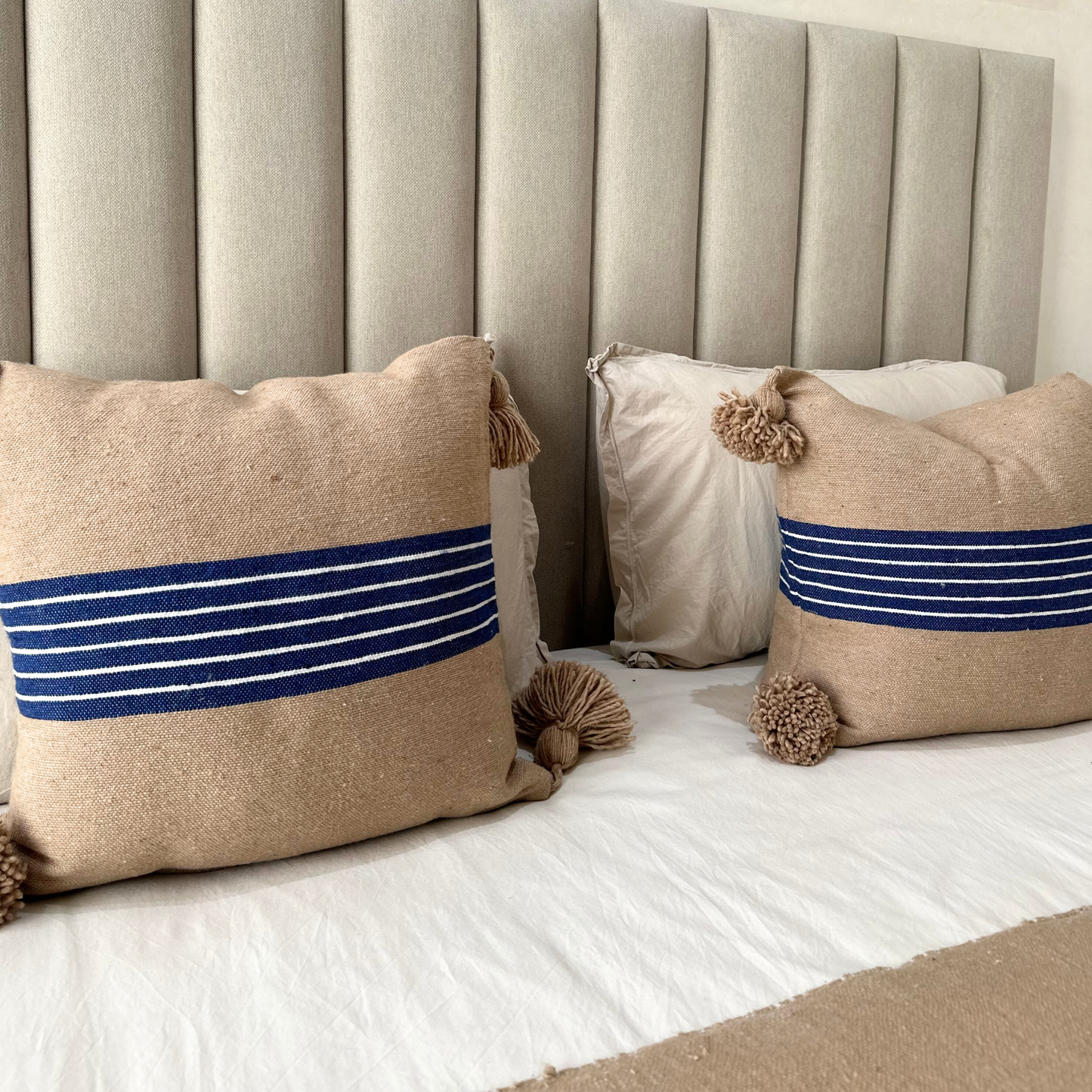 Blue-Brown Pompom cushion cover