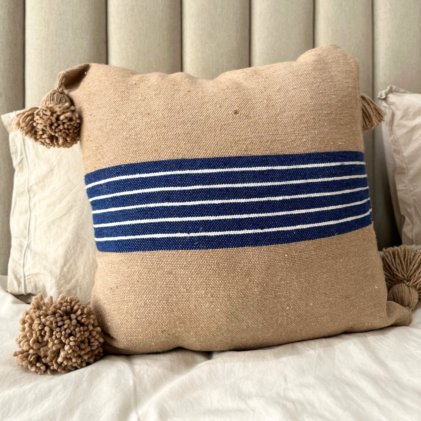 Blue-Brown Pompom cushion cover