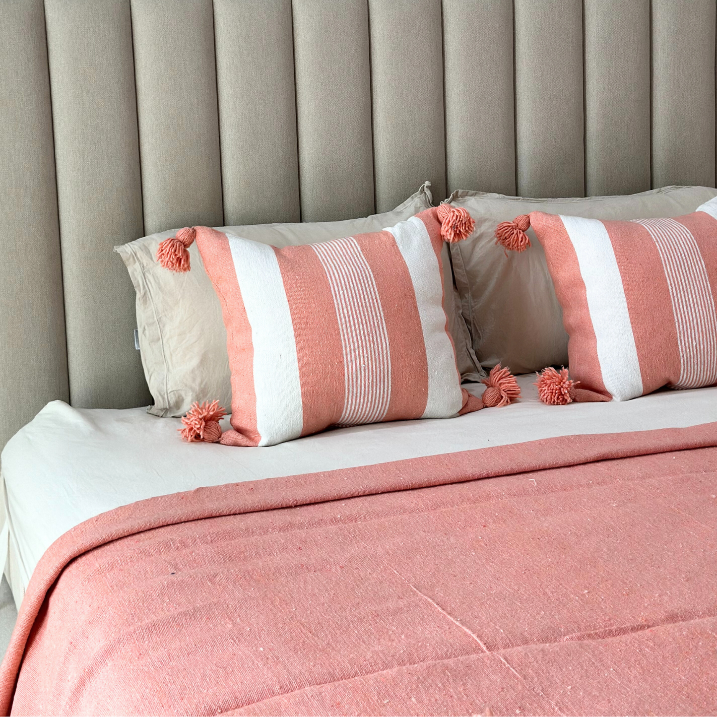 Coral Striped Pompom cushion cover