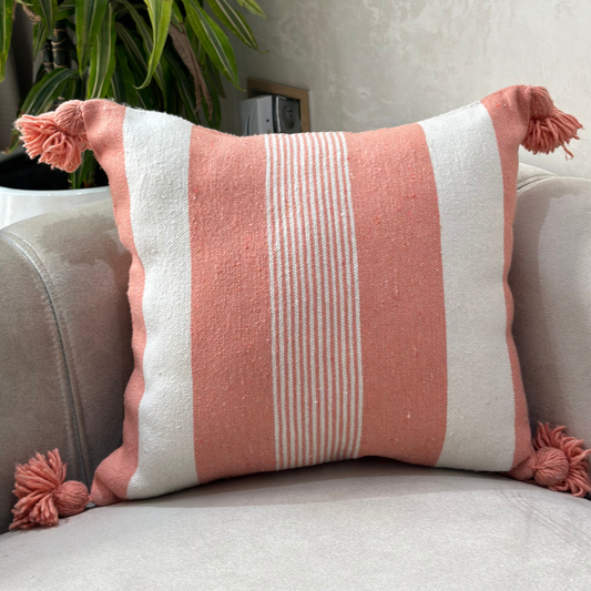 Coral Striped Pompom cushion cover