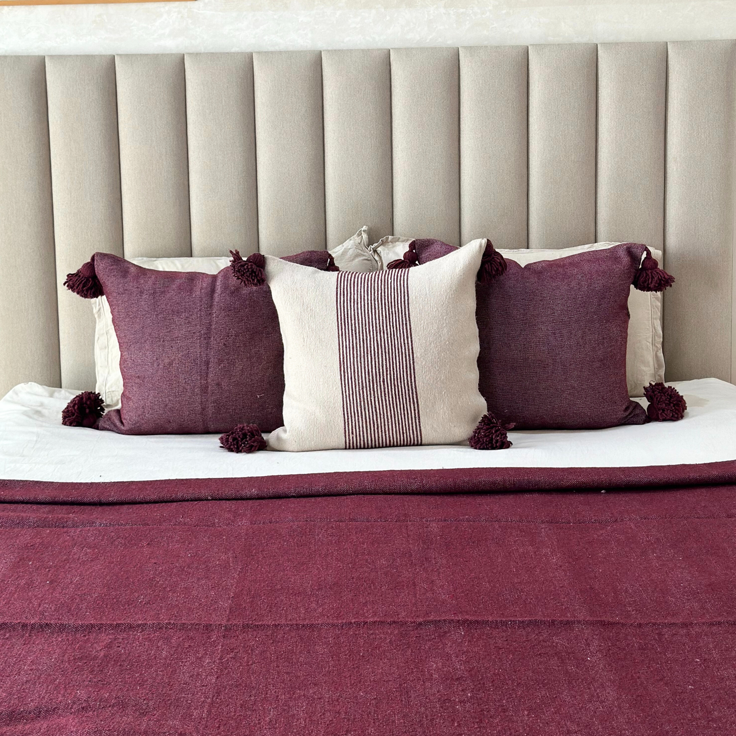 Purple striped pompom cushion cover