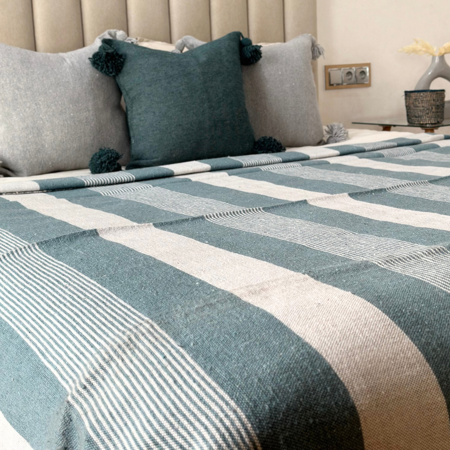 Green Striped Pompom Blanket