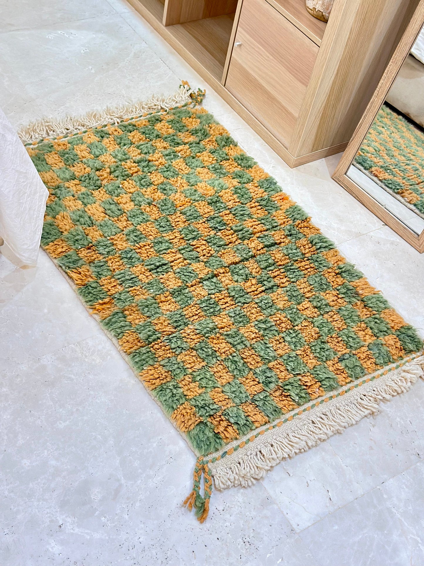 Beni Ouarain carpet green orange checkerboard 112cm/70cm