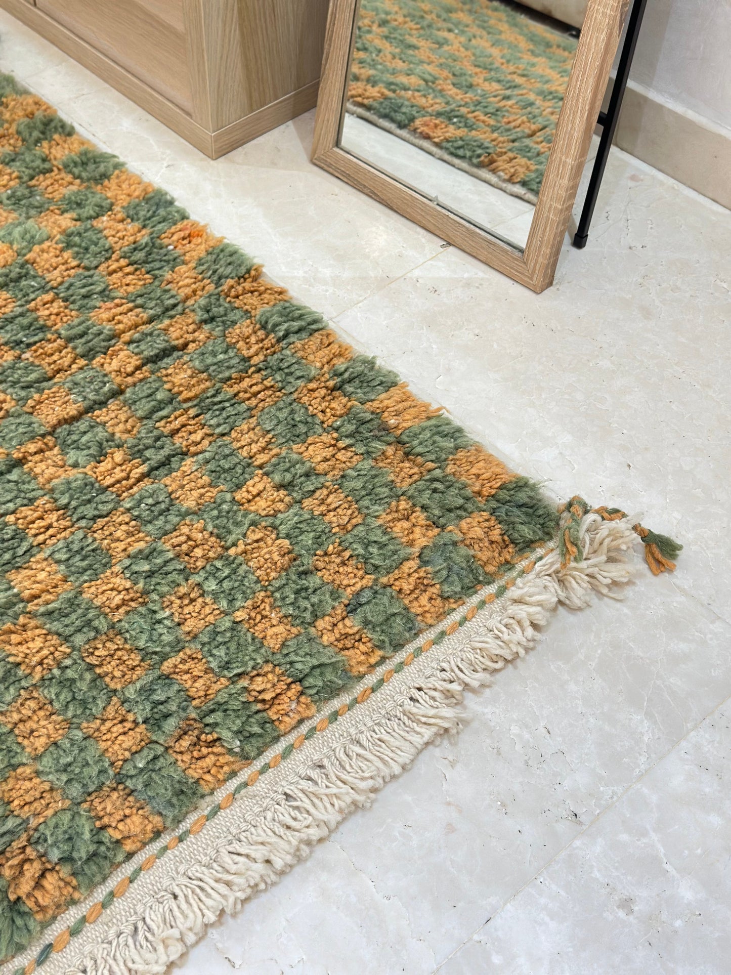 Beni Ouarain carpet green orange checkerboard 112cm/70cm