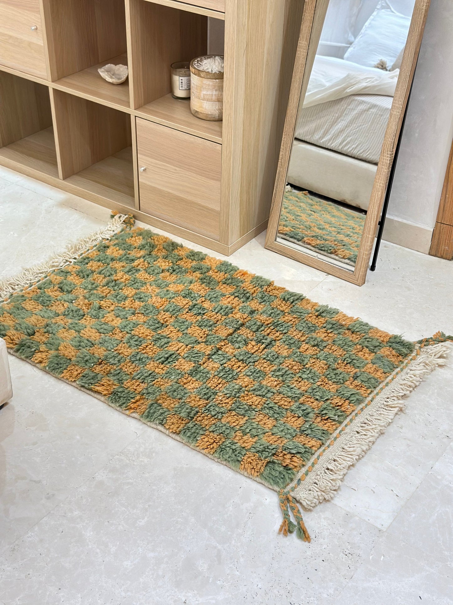 Beni Ouarain carpet green orange checkerboard 112cm/70cm