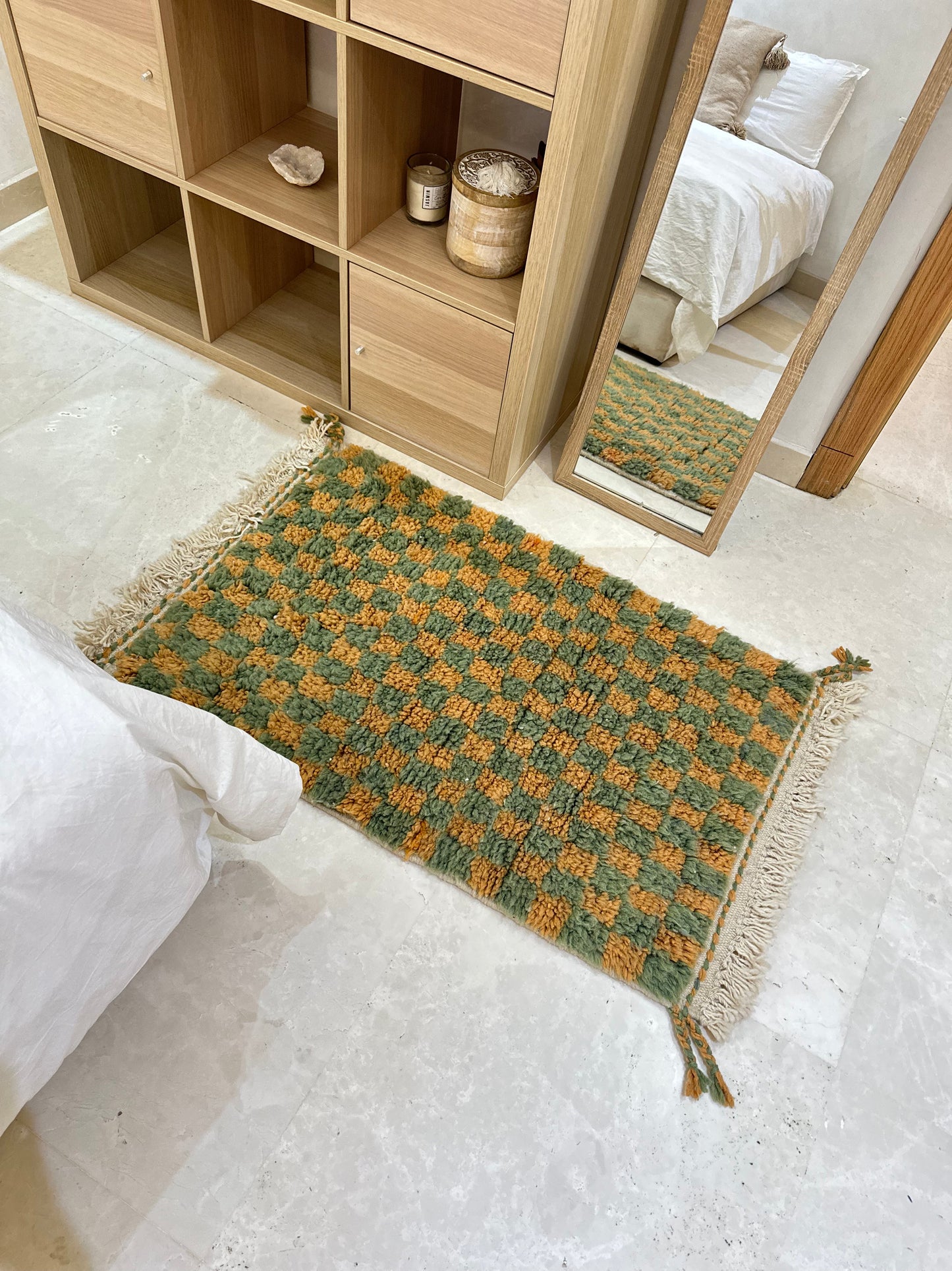 Beni Ouarain carpet green orange checkerboard 112cm/70cm