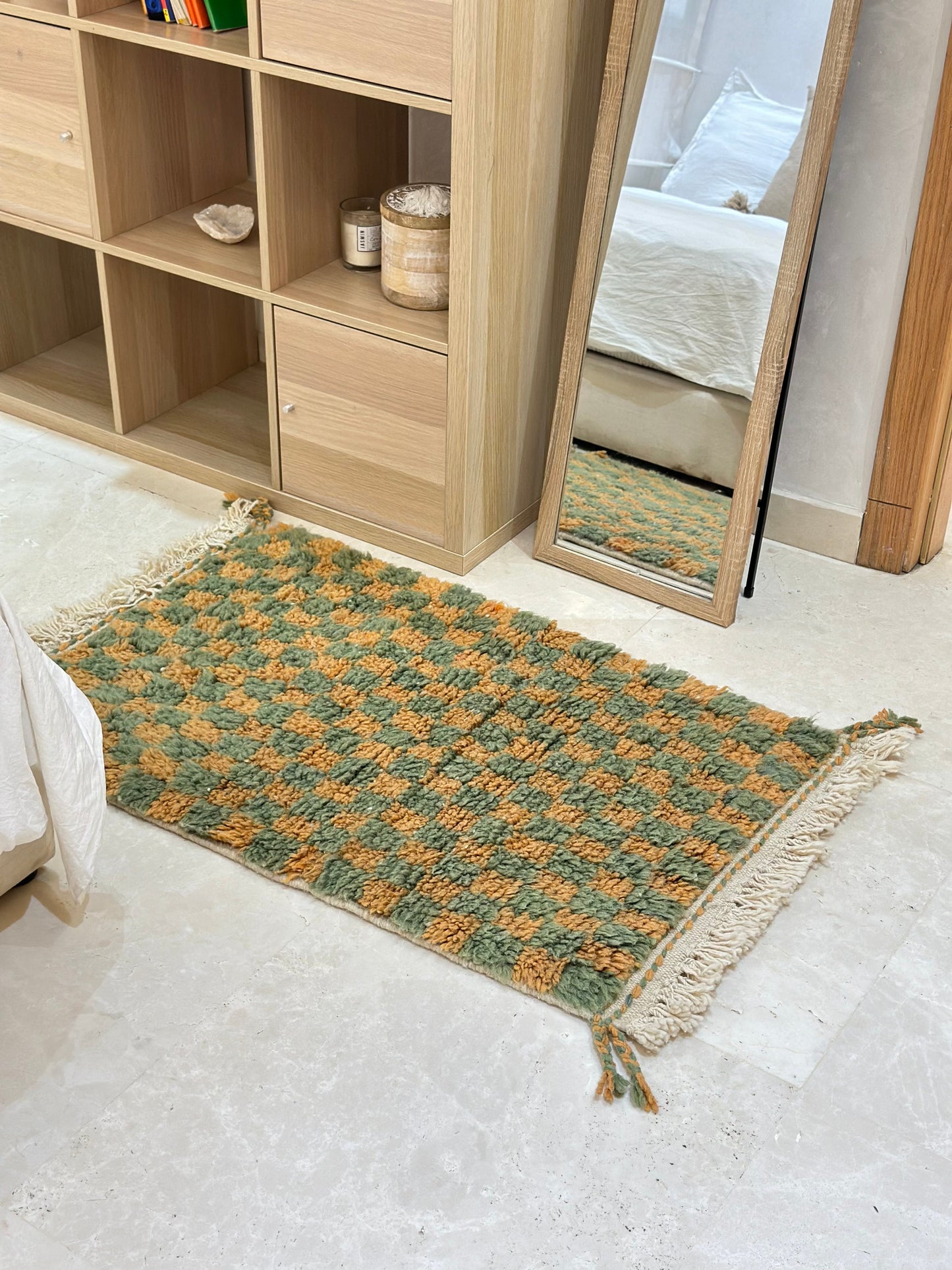 Beni Ouarain carpet green orange checkerboard 112cm/70cm