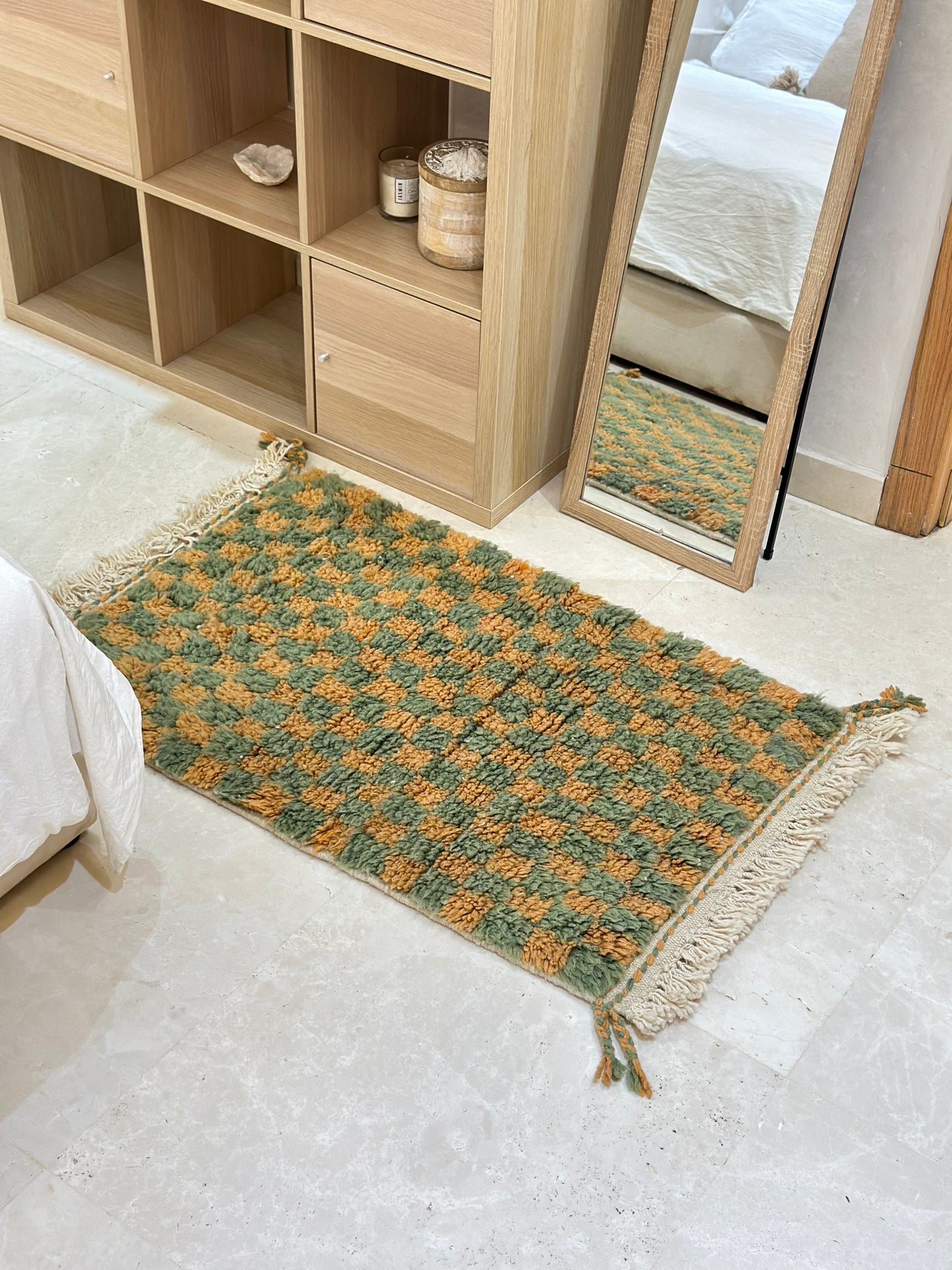 Beni Ouarain carpet green orange checkerboard 112cm/70cm