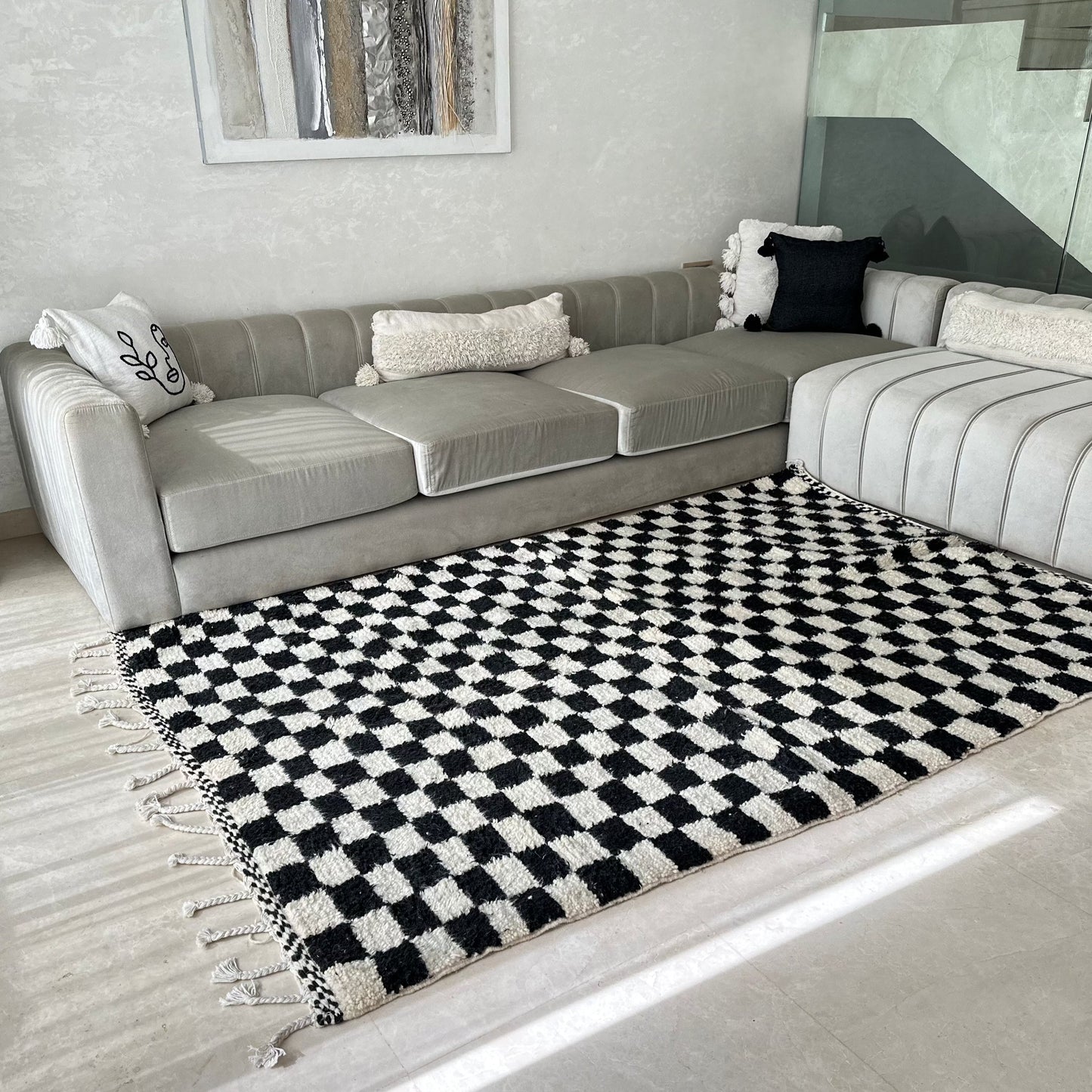 Beni Ouarain black and white checkerboard carpet - 2.53m / 1.54m