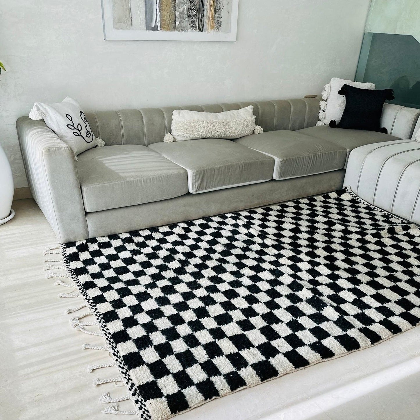 Beni Ouarain black and white checkerboard carpet - 2.53m / 1.54m