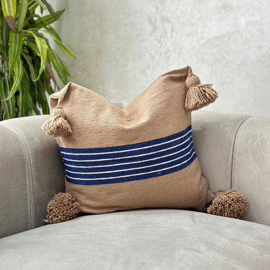 Blue-Brown Pompom cushion cover